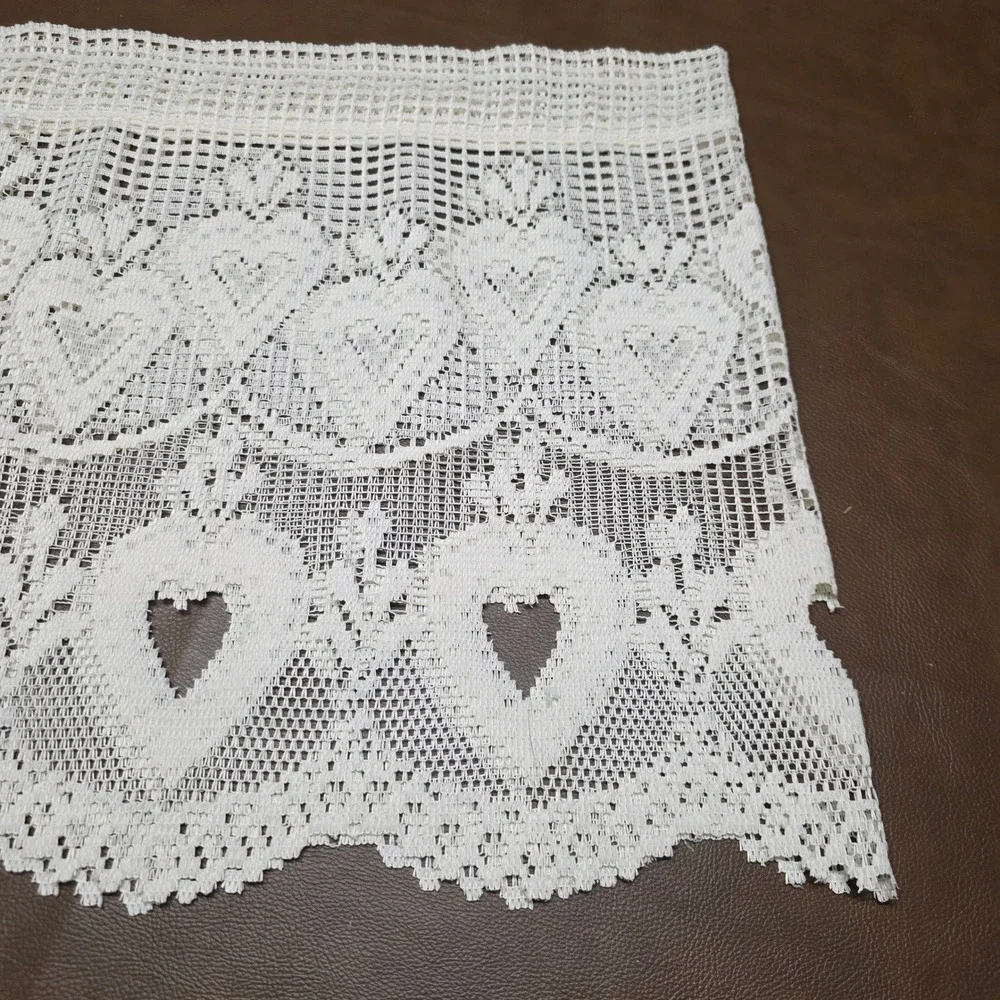 Vintage White Lace Heart Valances 3 Panels Scalloped Cafe Curtain RN 69491